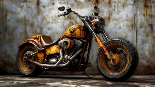 Custom chopper motorcycle with rusted patina finish detail.