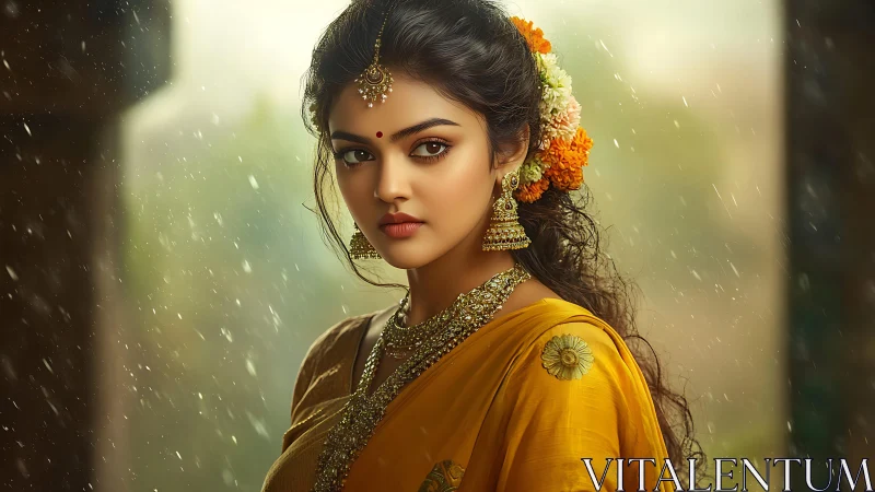 Digital portrait woman in yellow saree under soft rain.