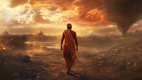 Solitary mystic walks war-scarred riverbank at dusk light.