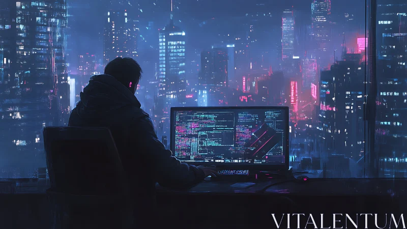 Neon-drenched coder bends midnight code against cybercity glow