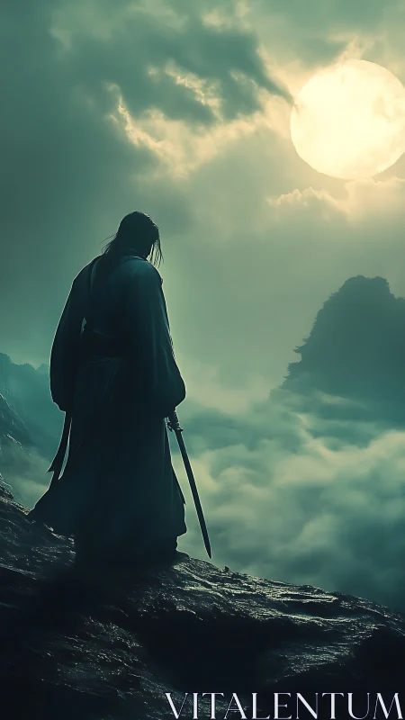 Lone katana warrior on mist-saturated cliff under oversized moon.