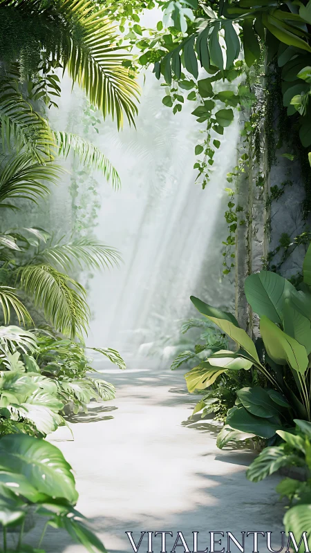 Sunlit tropical pathway framed by lush green foliage.
