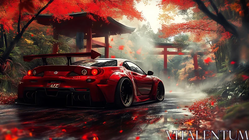 Tuned red sports car glides through misty Japanese maple road