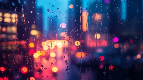 City lights through rainy glass in dreamy neon colors.