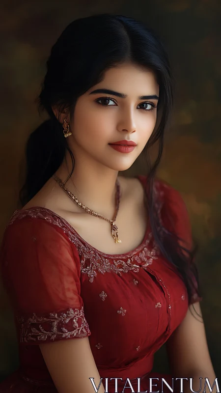 Young woman in red dress against dark neutral backdrop.