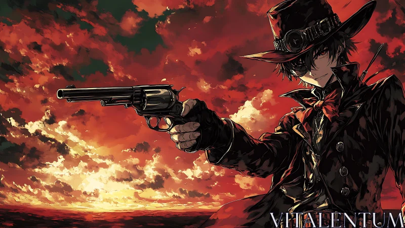 Midnight gunslinger framed by a storm-bright crimson sky.