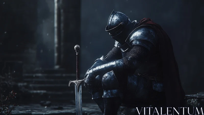 Solitary armored knight resting with sword in ruins.