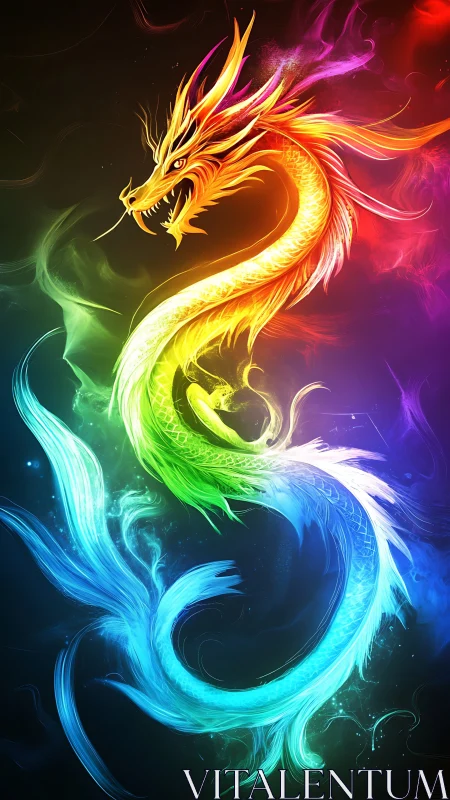 Chromatic celestial dragon rendered in luminous spectral arc.