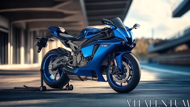 Hyperreal blue superbike rendered in high-contrast urban light