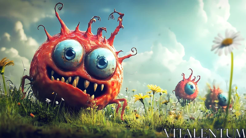 Spherical red creatures with large eyes in a meadow scene.