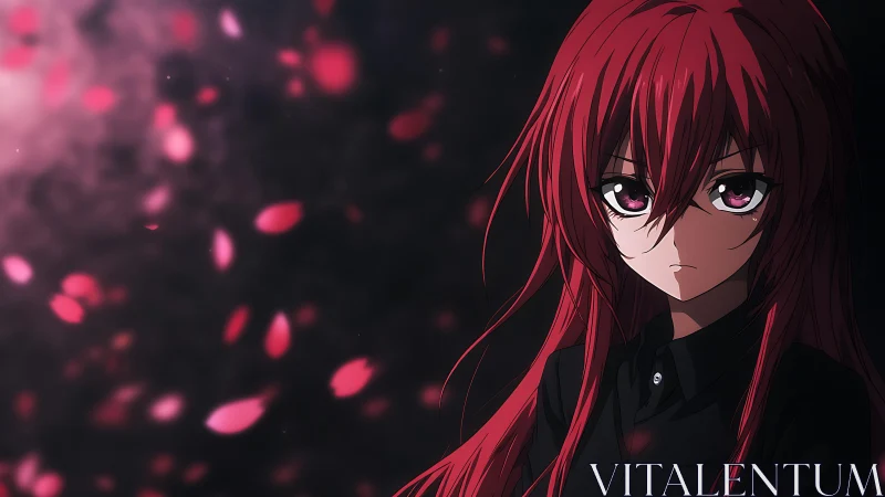 Red haired anime girl stands in drifting crimson petals