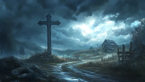 Stormy rural graveyard landscape with dominant foreground cross