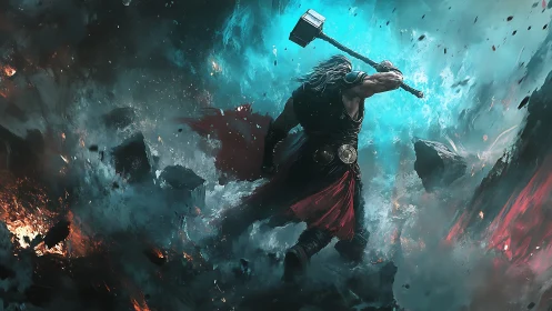 Warrior with hammer striking in storm of fire and lightning.