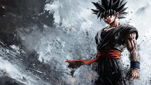 Black-haired anime fighter amid abstract storm backdrop.