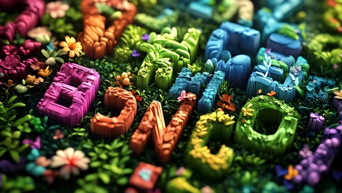 Playful garden letters blooming in lush fantasy colorfields.