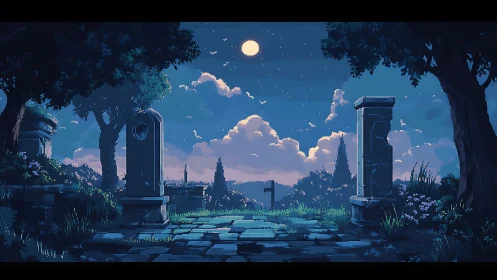 Moonlit ruin gateway opens onto a tranquil pixel night