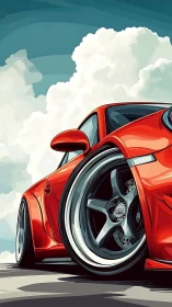 Red sports coupe close-up with large alloy wheel profile.