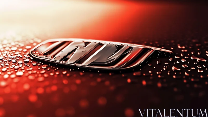 Close-up shows metallic car emblem on wet red surface