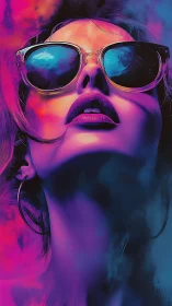 Neon-lit portrait gazes upward through reflective shades.