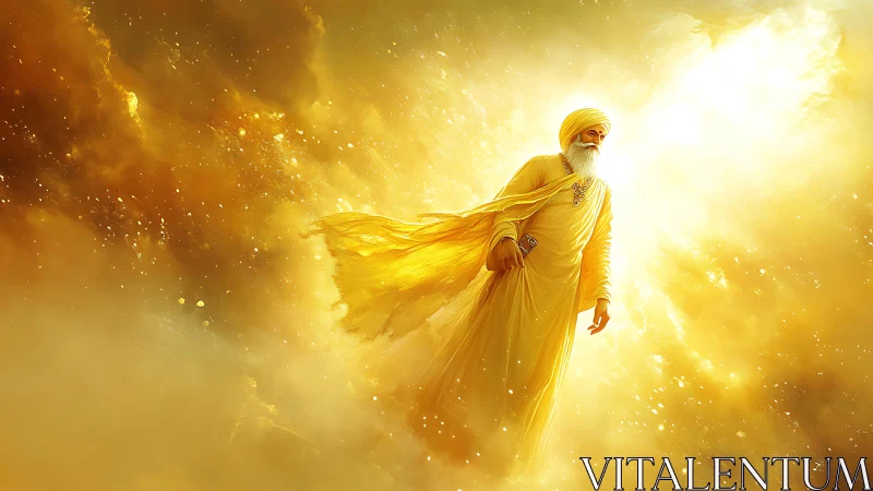 Radiant sage striding through a golden cosmic tempest.