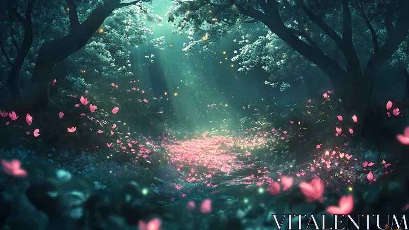 Enchanted Forest Glade with Luminescent Particles and Petals