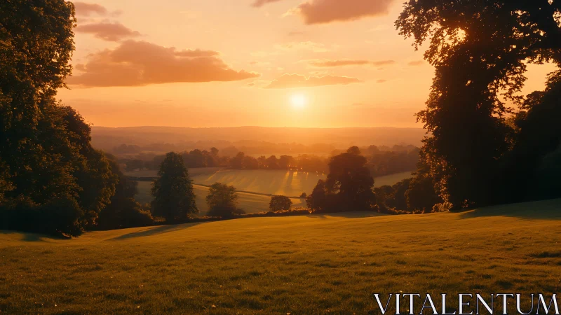Sunlit countryside meadow under glowing orange sunset sky.