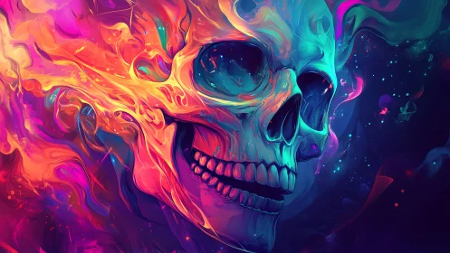 Chromatic skull with swirling abstract flame forms.