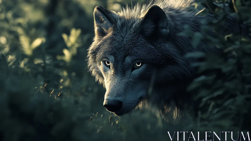 Moonlit wolf sentinel stalking through emerald forest hush.