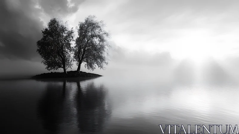 Solitary Tree on Island in Misty Water
