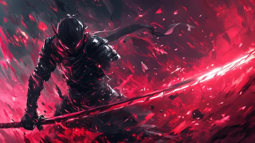 Dark armored swordsman swings blazing crimson katana arc