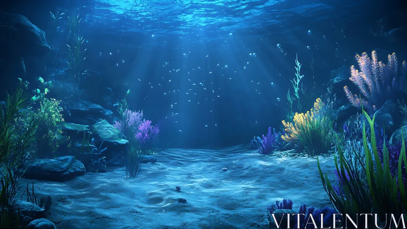 Underwater coral landscape with fish and blue light beams.