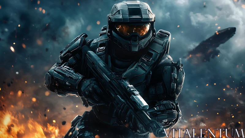 Armored sci fi soldier advancing through burning battlefield.