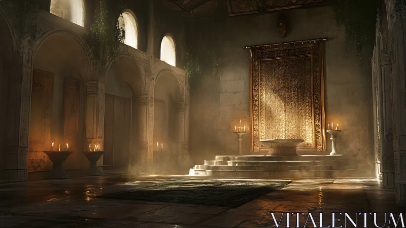 Stone hall interior with elevated dais and wall tapestry.