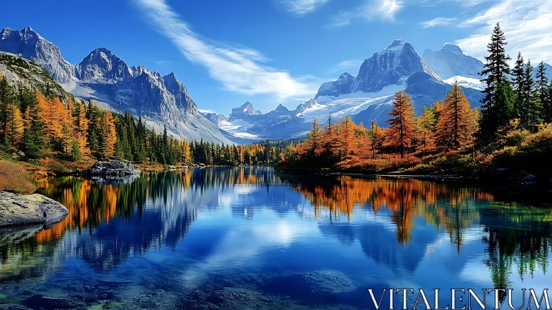 Photorealistic alpine lake with autumn conifers and peaks.