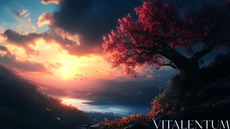 Sunset over lake with red tree on rocky hillside landscape.