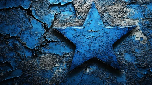 Textured cobalt star on distressed cracked urban surface.