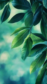 Green foliage close-up with blurred turquoise background.