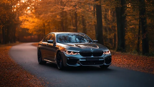 Sport sedan navigates autumn forest road with cinematic lighting