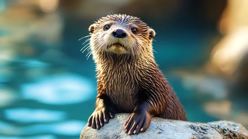 Photorealistic river otter on rock, shallow DOF, warm light.