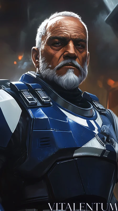Galactic elder sentinel in cobalt armor, staring down fate.