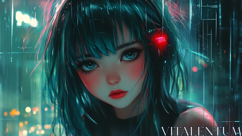 Neon-eyed cyber girl gazes through rain-soaked city lights.