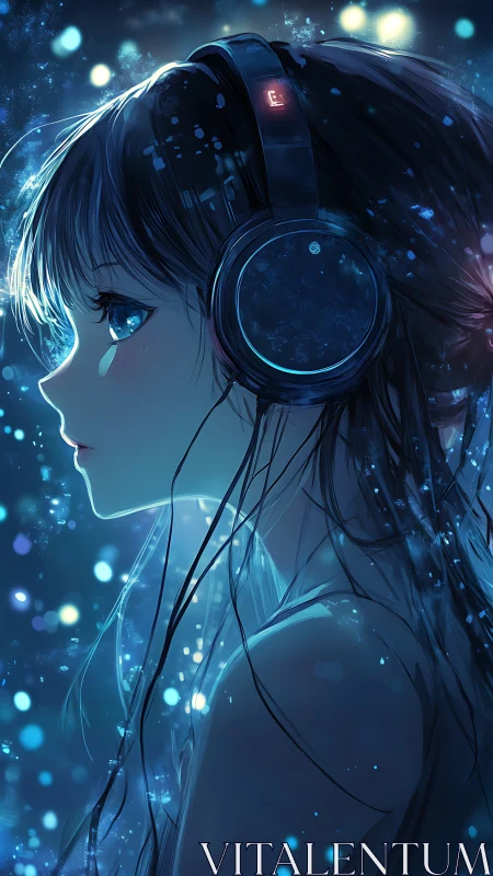 Side-lit anime girl in headphones immersed in luminous blue bokeh