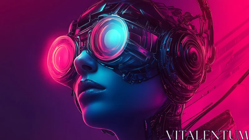 Neon cyber explorer gazes ahead in glowing VR goggles