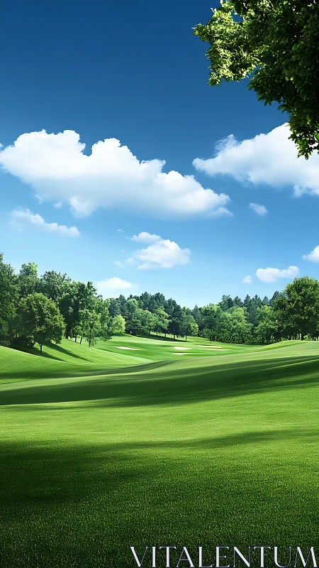 Sunlit fairway river under cartoon-bright summer clouds.