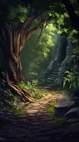 Ancient temple entrance shrouded in verdant forest mystery.