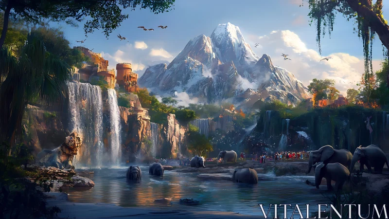 Mountain valley with waterfalls, elephants, and stone ruins.