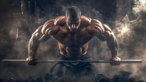 Cinematic low key bodybuilding portrait with barbell focus.