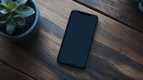 Black Smartphone Rests on Warm Wooden Surface Desk