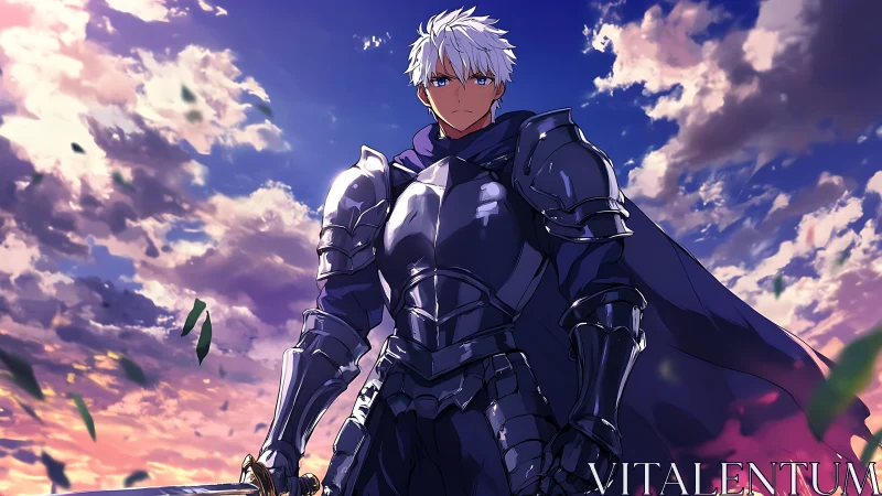 Silver-haired knight in dark armor under vivid sunset sky.