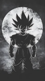 Moonlit Saiyan silhouette charging in grayscale thunder.